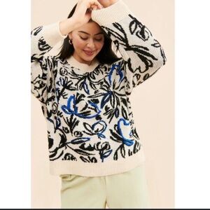By Anthropologie Cream Black Blue Floral Pop Embroidered Wool Blend Sweater XS